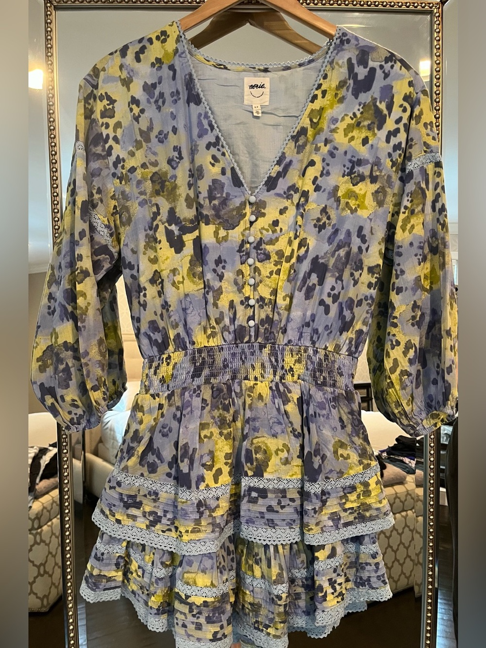 Aerie Floral Tiered Ruffle Dress in Lavender & Lemon